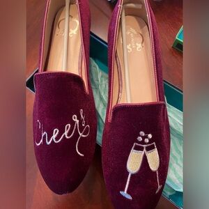 NIB Burgundy Velvet Loafers with Cheers and Glasses Embroidery 11M